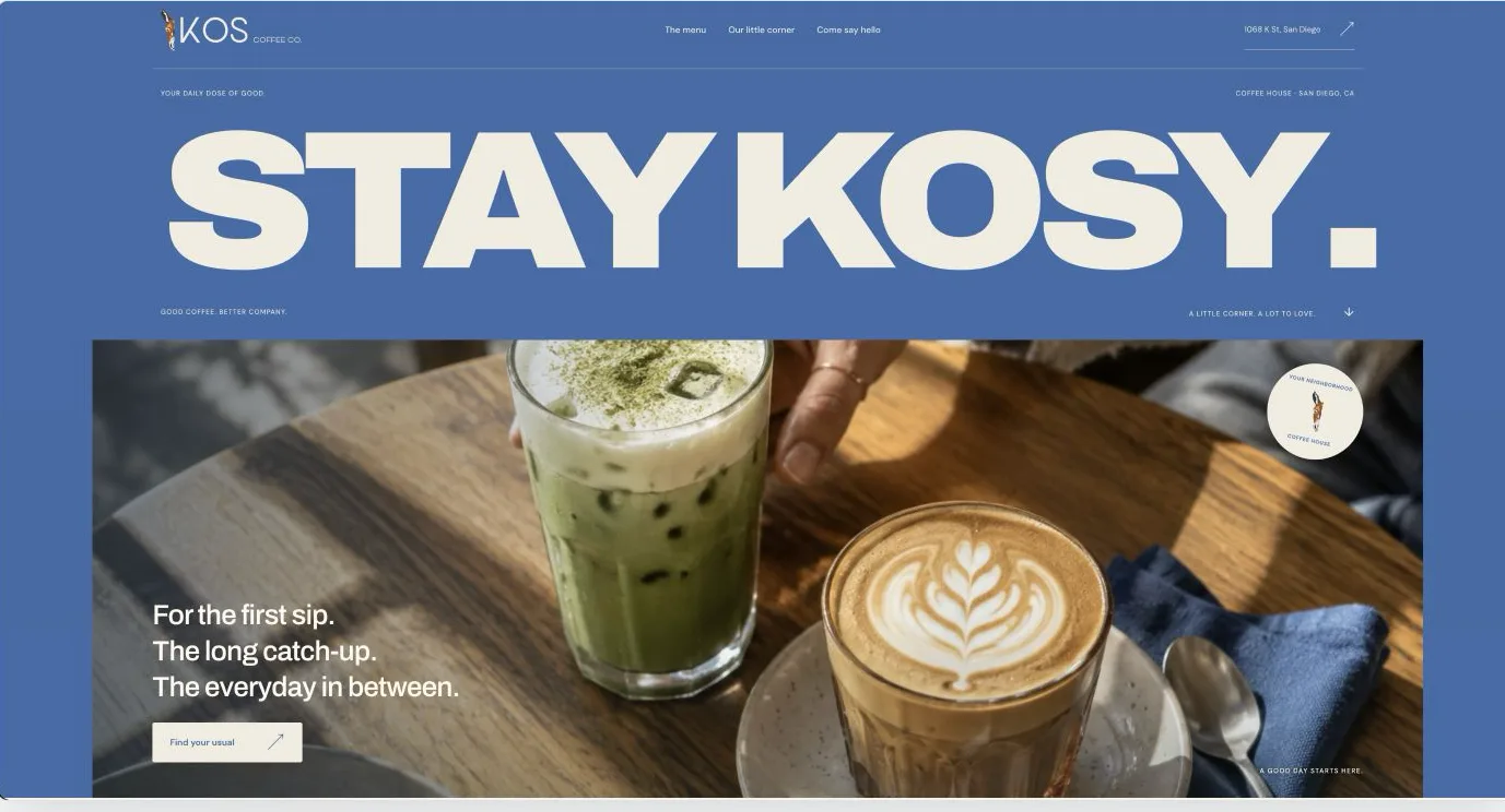 The Kos Coffee Co home page, with the Stay Kosy headline over a café photograph