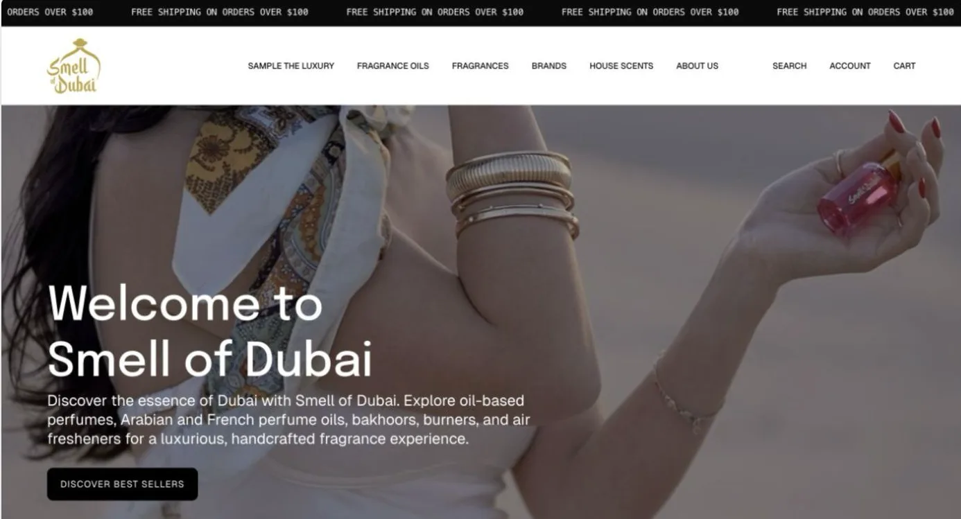 The Smell of Dubai home page, with a full-width hero image and the main shop navigation